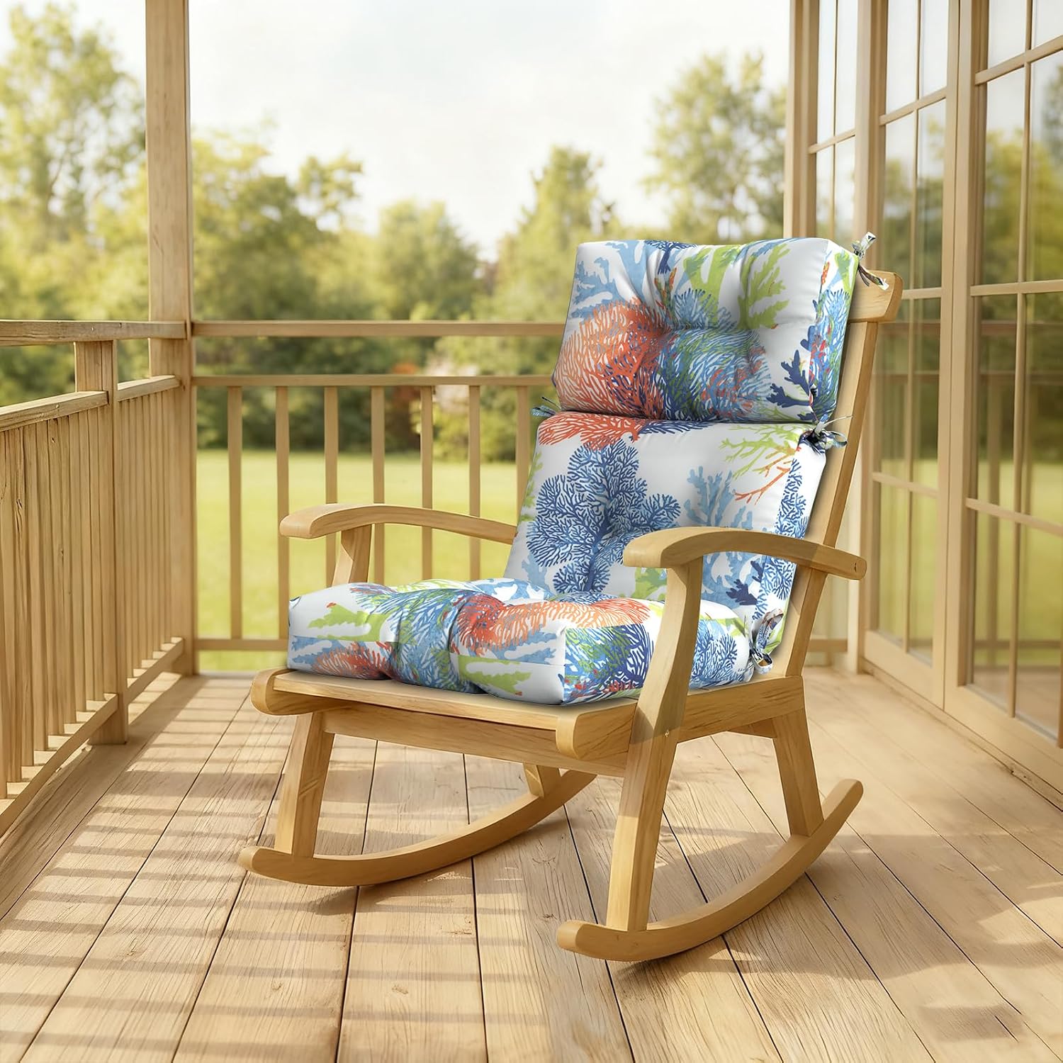 DYTXIII Outdoor High Back Chair Cushions Set of 2, Water Repellent Tufted Rocking Seat Cushions Replacement 44 x 22 Inch, Seat & Back Chair Pads for Patio, Balcony and Indoor Use -Coral Multi