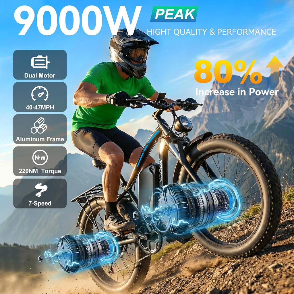 9000W Peak Dual Motor Ebike - 58V Max-Output 36AH Battery Ebike Fast Electric Bike for Adults 105Mi Long Range for Adults 24' Fat Tire Bike with 7 Speed for Travel Off Road
