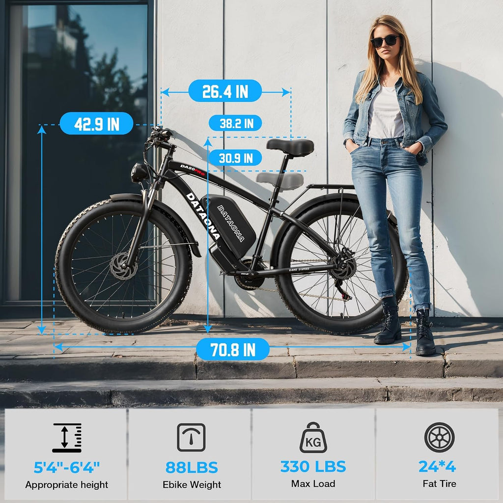 DATAONA 6500W Dual Motor Ebike for Adults Men 20MPH - Fast Electric Bike with 52V 32Ah Battery Up to 100 Miles, Lockable Suspension 24' Fat Tire Electric Bicycle for Off-Road Mountain Snow Commuter UL