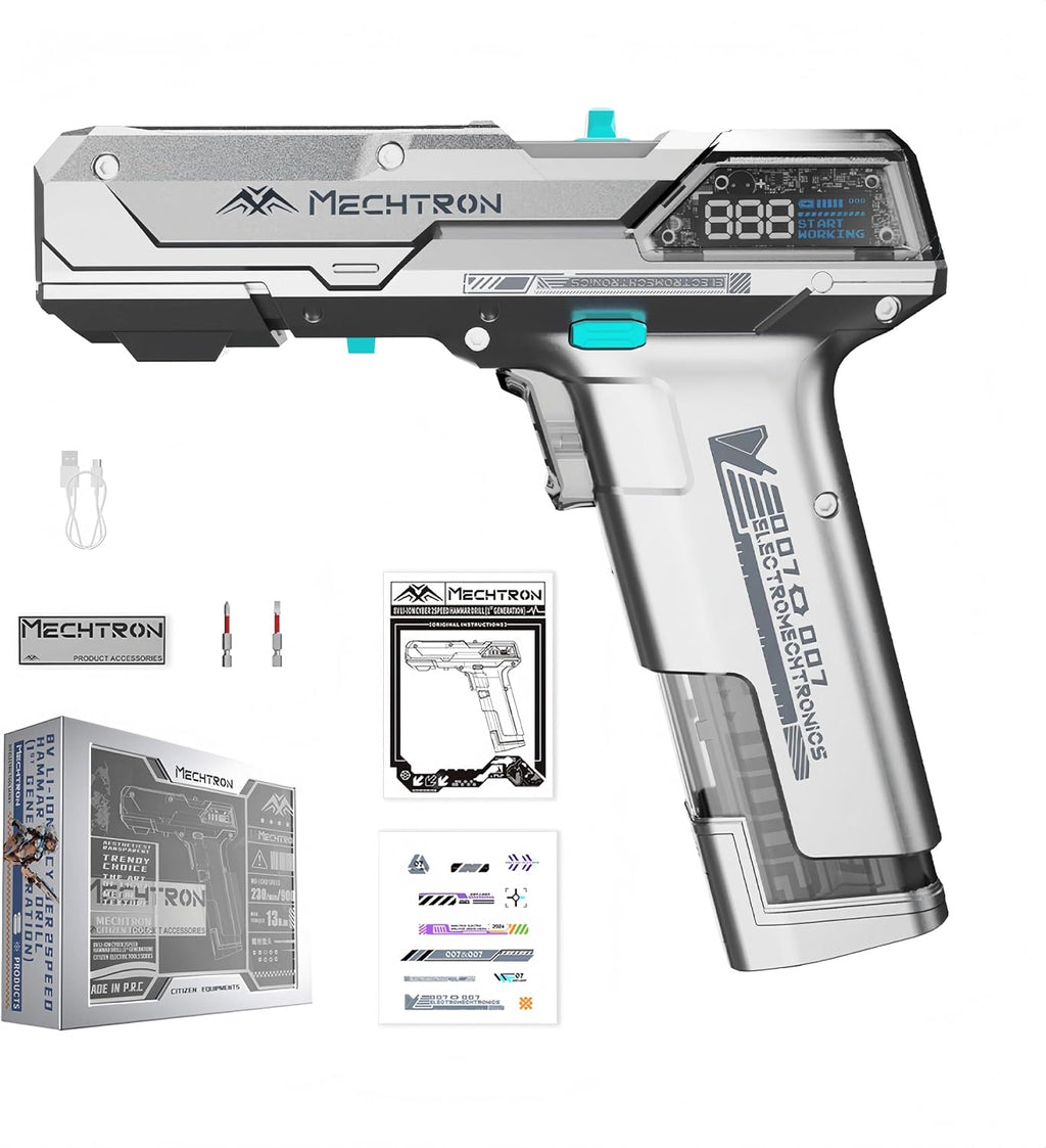 Cyberpunk Gun-Shaped AI Smart 8V Dual-Speed Hammer Drill, Cool Gadget Gifts for Men, Boyfriend, Husband, Dad, Boss, Gamers, Tech Lovers (Silver, 8-Piece Accessory Kit)
