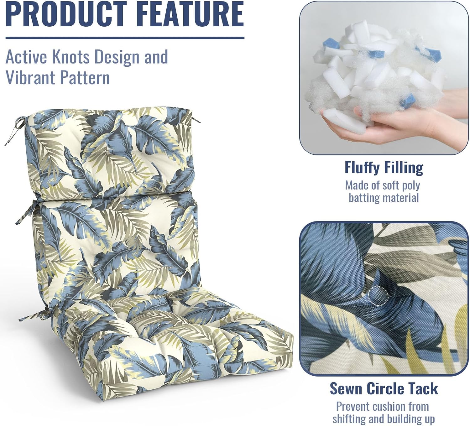 Outdoor High Back Patio Chair Cushions, Fade Resistant & Waterproof Tufted Seat and Back Cushions for Patio Furniture, Patio Chair Cushions 44x22 Inch, Set of 2, Lush Palm Blue