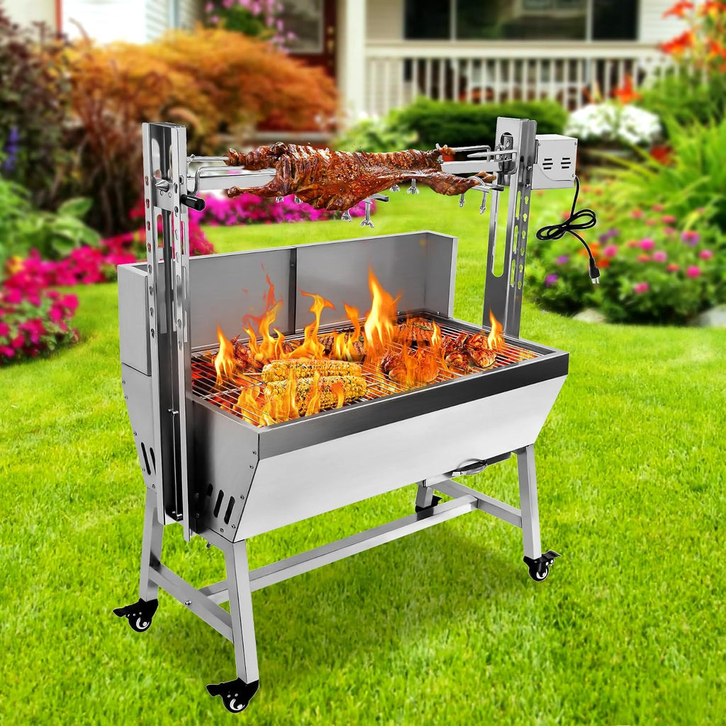 bbq rotisserie grill roaster charcoal roast machine 66lbs charcoal bearing lamb spit roaster hog roasting machine for outdoor picnic camping height-adjustable,with baffle