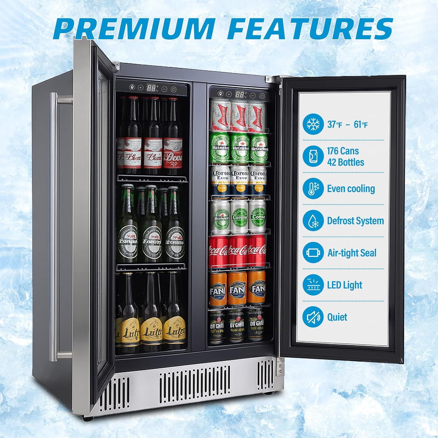 Stopasd Beverage Refrigerator, Dual Zone Beverage Cooler with Clear View Door, 21 Bottles and 88 Cans Large Capacity, Freestanding Drink Fridge with Adjustable Shelves & LED Light for Beer, Soda