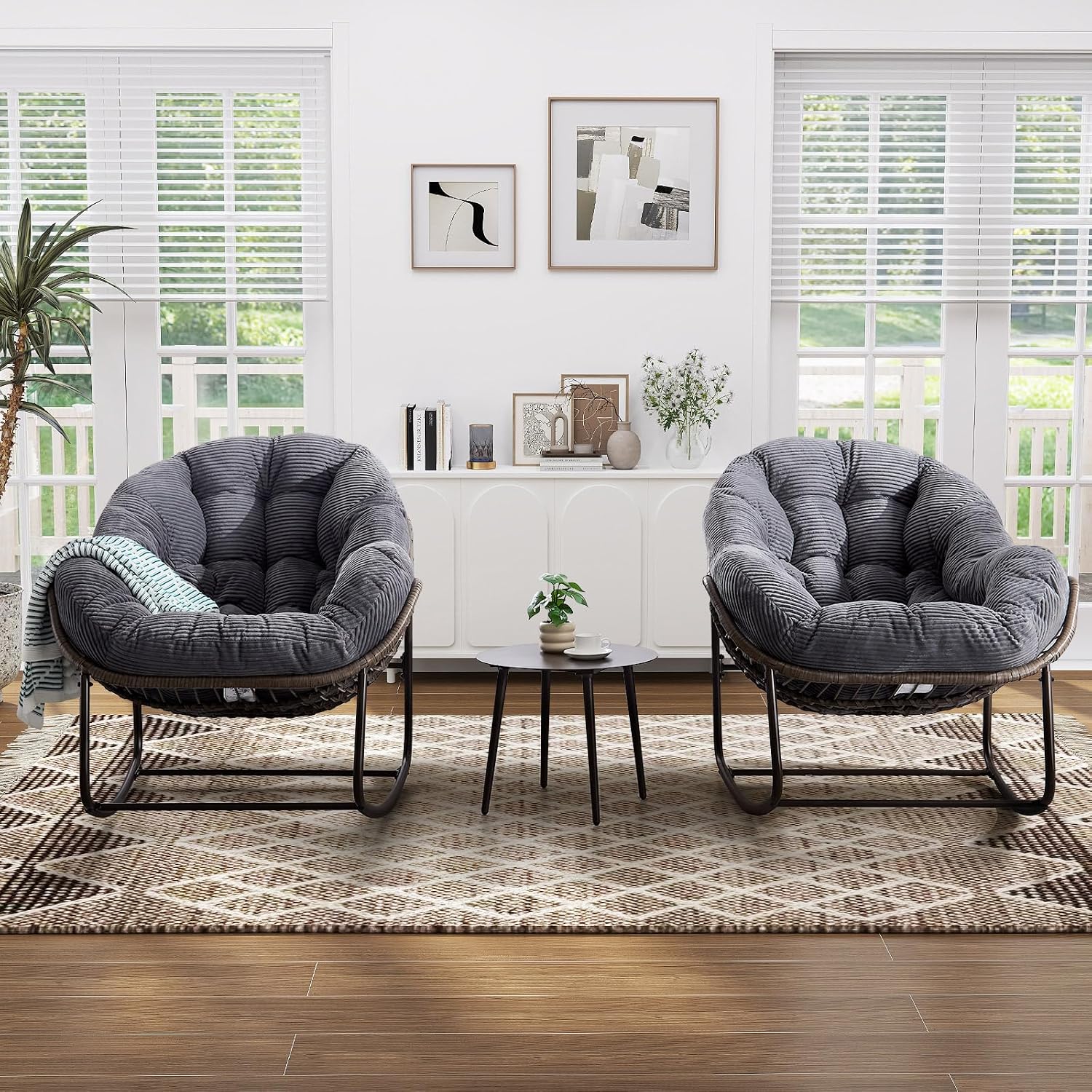 Oversized Indoor Rocking Chair, Comfy Corduroy Rocking Papasan Chair with Thick Cushion and Frame, Large Wicker Rocker Egg Chair Reading Chair for Living Room, Bedroom, Lounge,Balcony,Grey