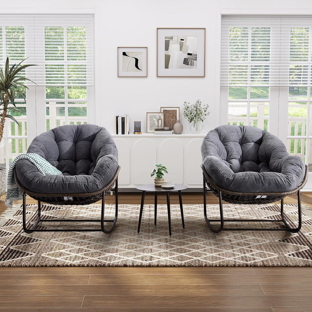 Oversized Indoor Rocking Chair Set of 2, Comfy Corduroy Rocking Papasan Chair with Thick Cushion and Frame, Large Wicker Rocker Egg Chair Reading Chair for Living Room,Bedroom,Lounge, Dark Grey