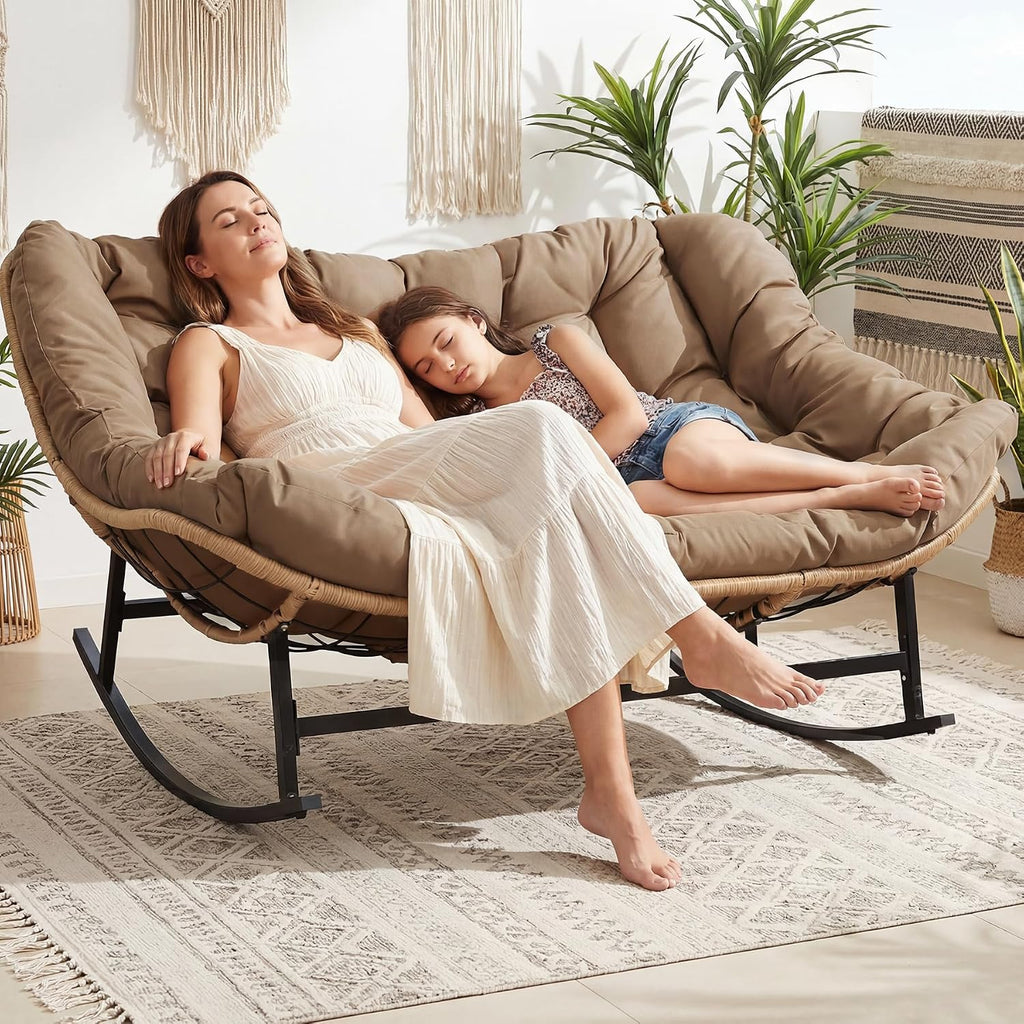NICESOUL Double Large Papasan Chair Outdoor, Oversized 2 Person Egg Rocking Chair with Cushions, 700 lbs Heavy-Duty Wicker Loveseat Recliner Glider for Outdoor & Indoor Patio, Balcony & Garden, Brown
