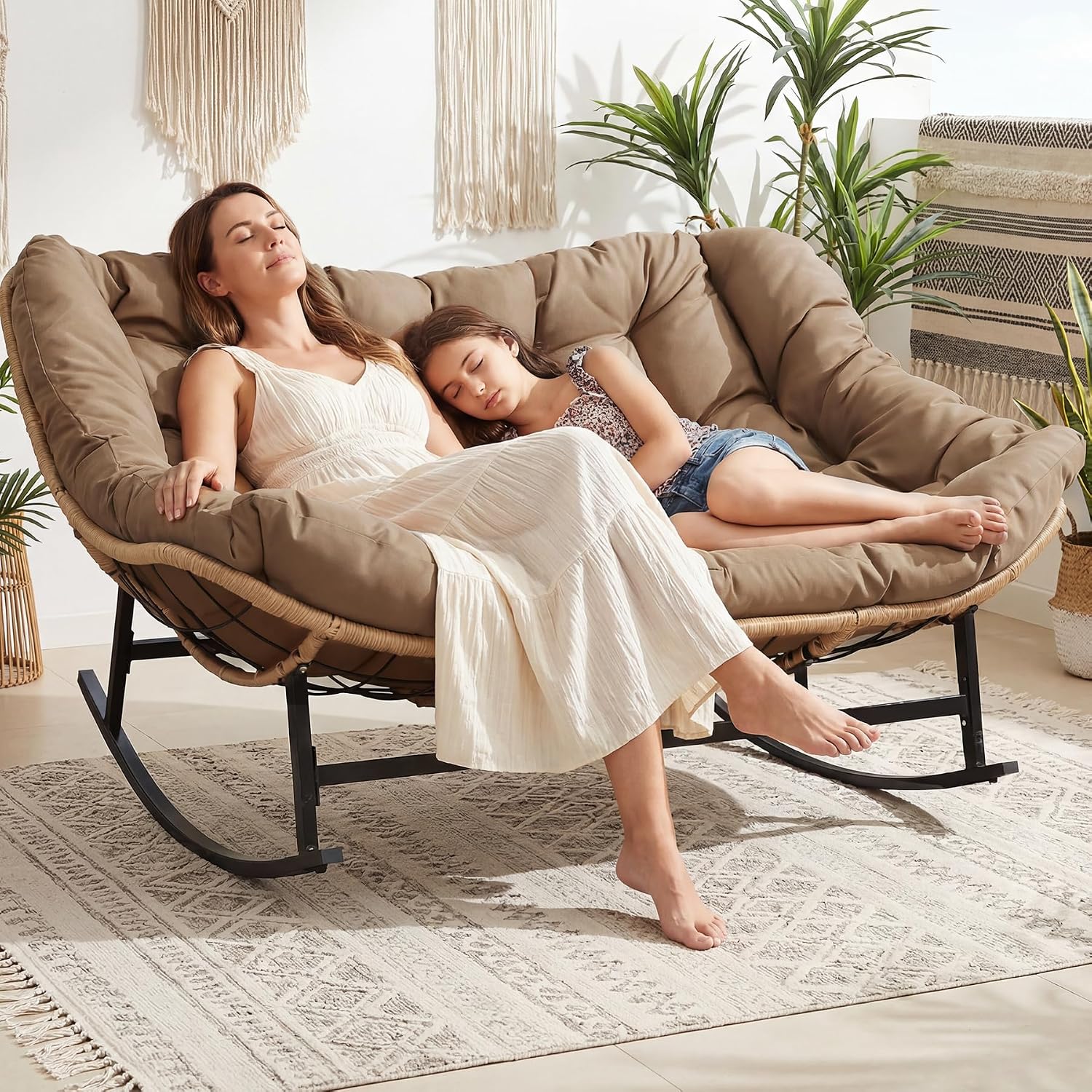 NICESOUL Double Large Papasan Chair Outdoor, Oversized 2 Person Egg Rocking Chair with Cushions, 700 lbs Heavy-Duty Wicker Loveseat Recliner Glider for Outdoor & Indoor Patio, Balcony & Garden, Brown