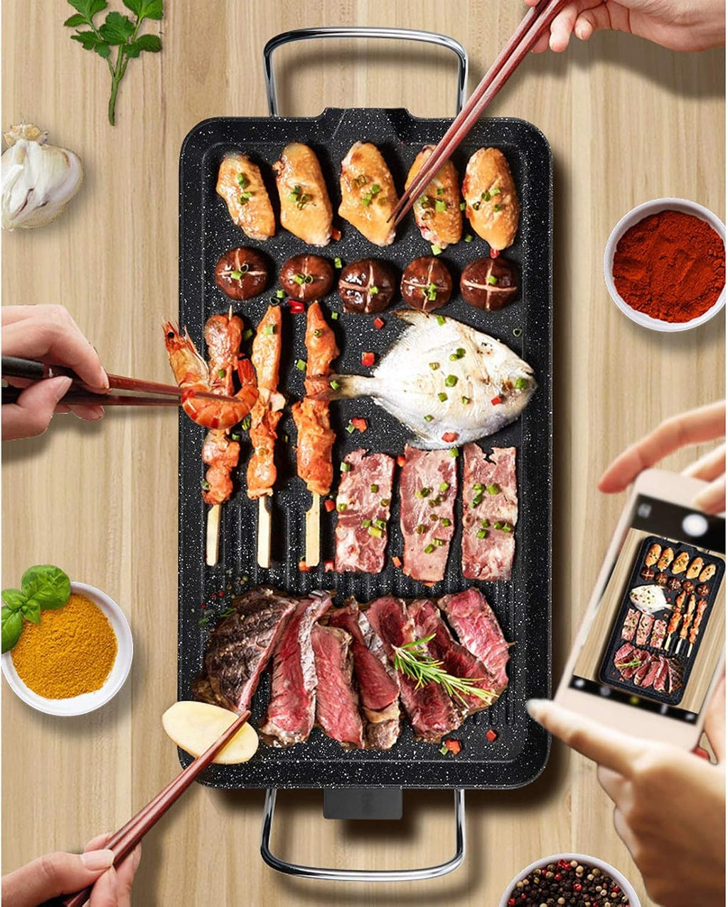 Grill for Outdoor Electric Smokeless Indoor Grill with Non-Stick Cooking Surface and Adjustable Temperature Knob Multifunctional Barbecue Tray，1355W，Black Barbecue Grill
