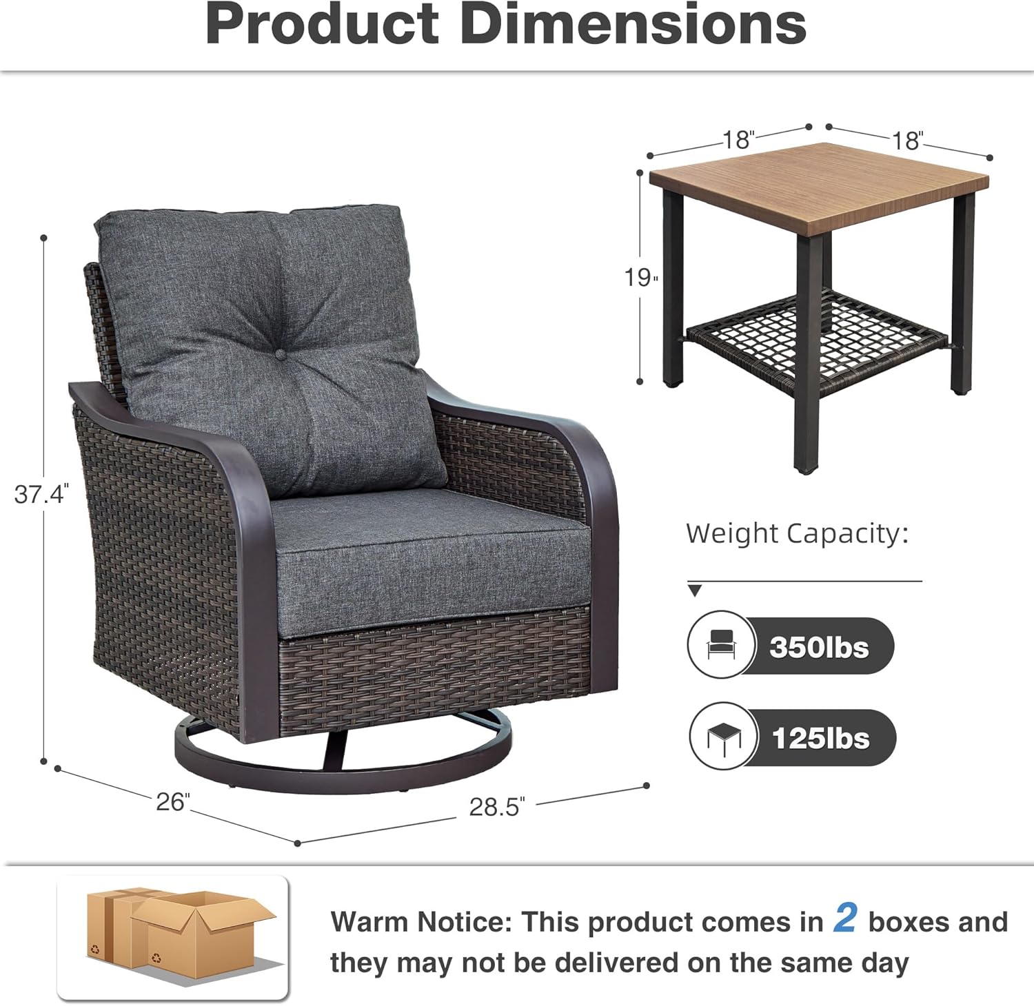 Outdoor Swivel Rocker Chairs, Wicker Swivel Rocking Chairs with 6'' Thick Cushions and Side Coffee Table, 3 Piece Patio Furniture Set for Balcony, Porch, Deck, Poolside, Grey