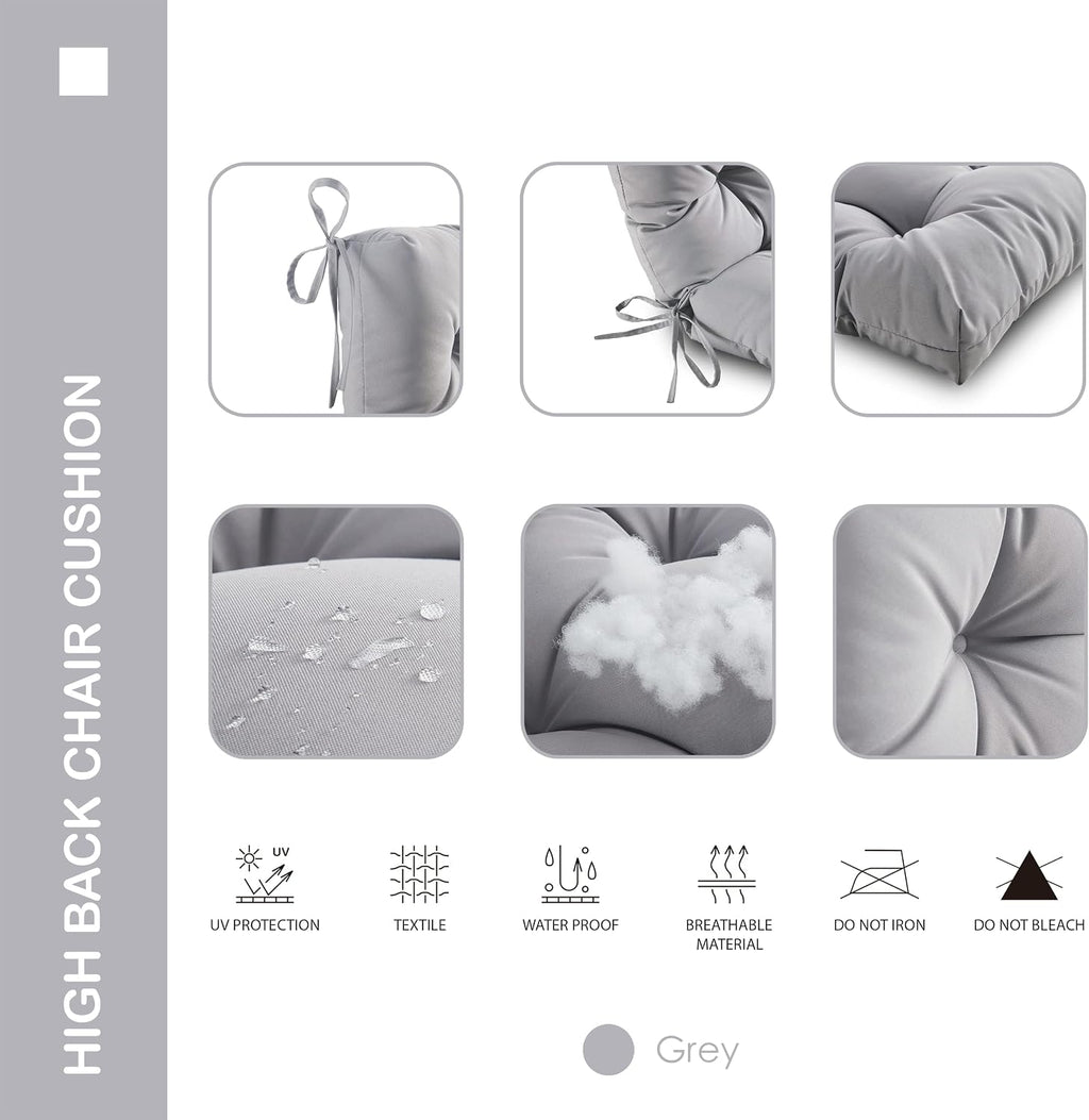 Outdoor Indoor High Back Chair Cushions Set of 4,Waterproof All-Weather Patio Adirondack Rocking Chair Cushions,Seat Back Chair Cushion for Outdoor Furniture with Ties,45x22 Inch, Grey
