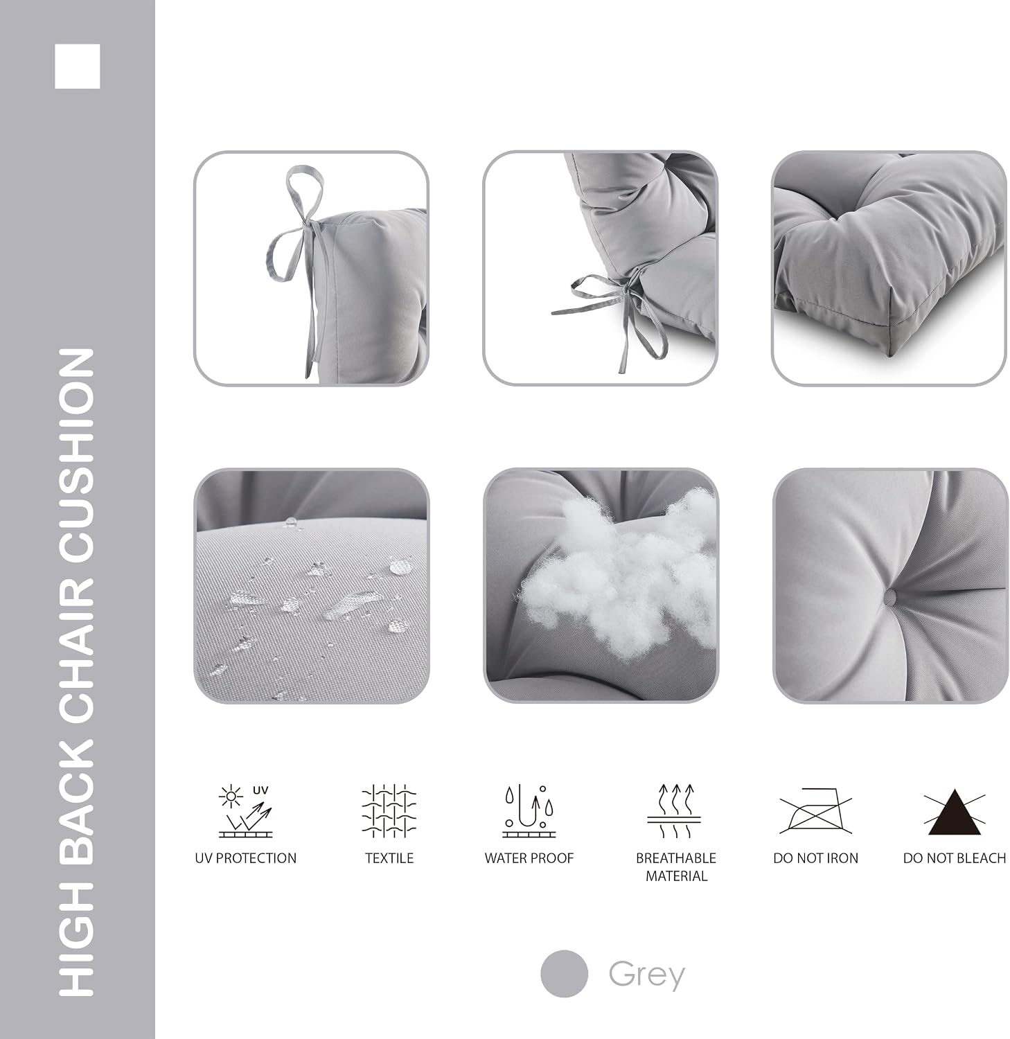 Outdoor Indoor High Back Chair Cushions Set of 4,Waterproof All-Weather Patio Adirondack Rocking Chair Cushions,Seat Back Chair Cushion for Outdoor Furniture with Ties,45x22 Inch, Grey
