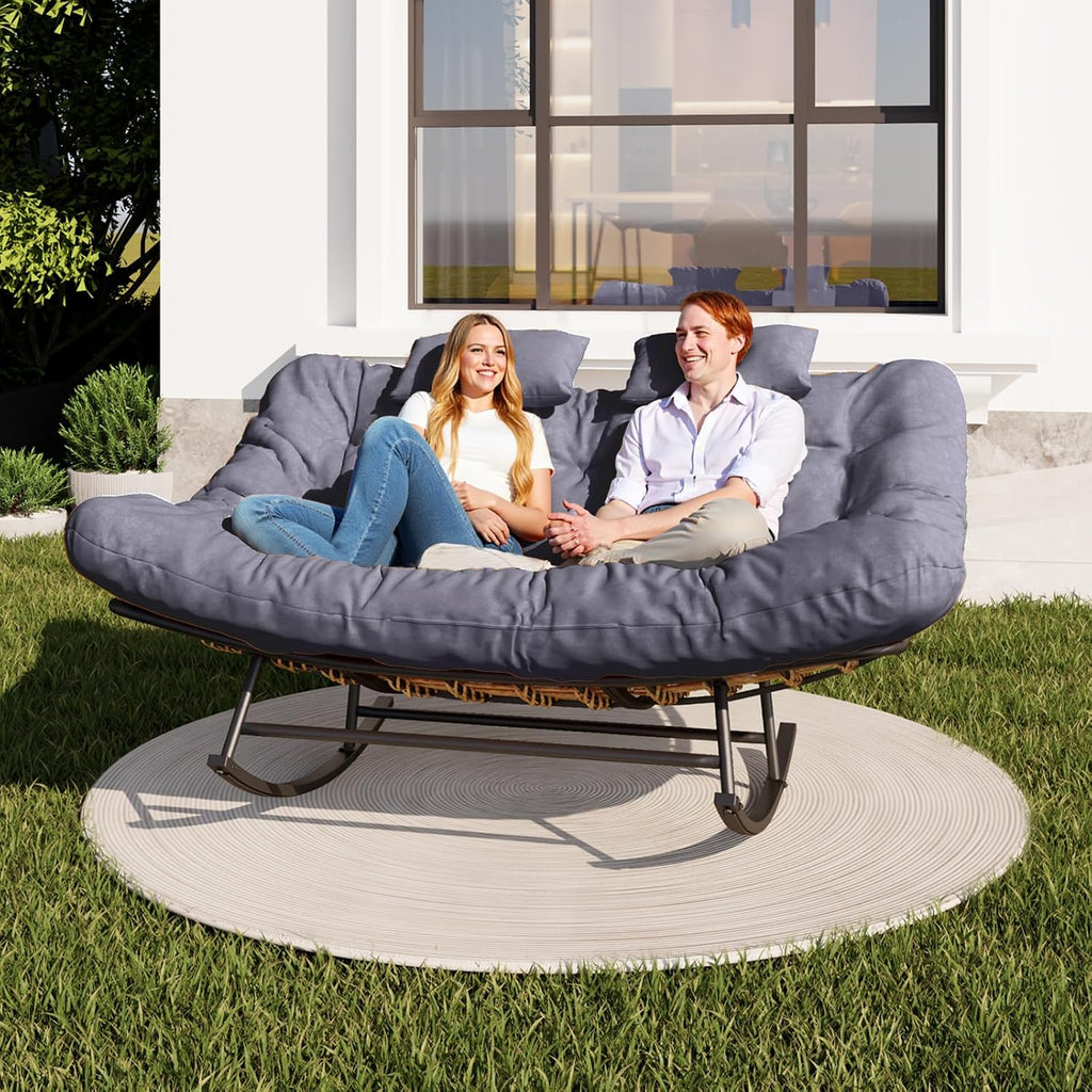 Oversized Outdoor Rocking Papasan Chair,Double Patio Rocking Chair for 2-Person,Loveseat Rocker with Thick Cushion&Rattan Frame,Large Lounge Chair for Outdoor Balcony Garden (Gray)