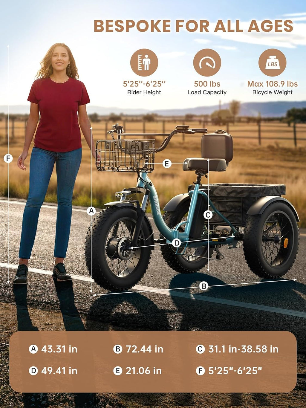 QRONGE Electric Trike for Adults 960W Peak, 36V 15AH Battery Ebike 50 Miles Range with Large Rear Basket, Electric Trike 20'*4' Fat Tire, Max 20MPH 3 Wheel Folding Electric Tricycle for Adults(Lava)