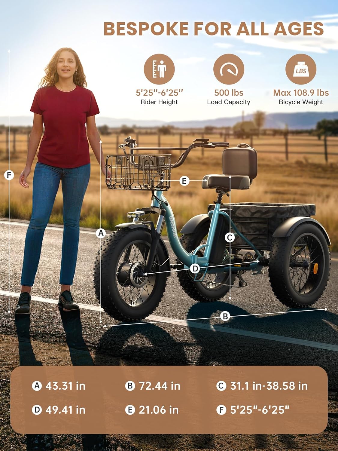 QRONGE Electric Trike for Adults 960W Peak, 36V 15AH Battery Ebike 50 Miles Range with Large Rear Basket, Electric Trike 20'*4' Fat Tire, Max 20MPH 3 Wheel Folding Electric Tricycle for Adults(Lava)