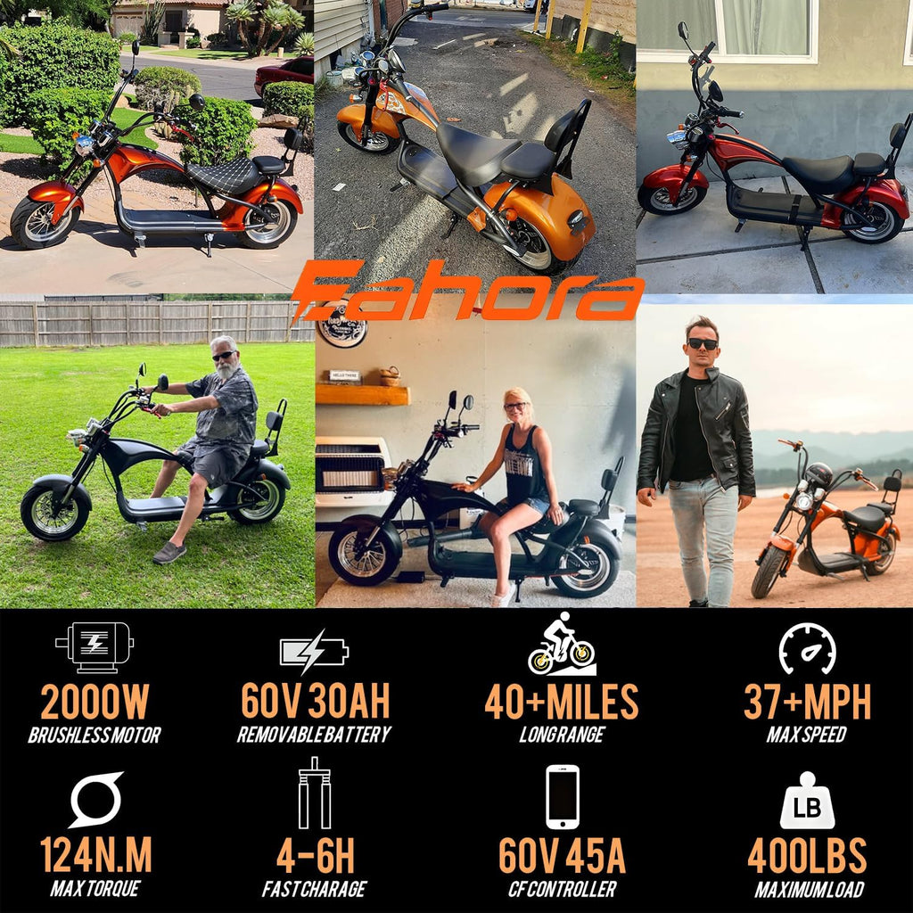 eAhora M1 2 Seater 2000W Electric Motorcycle for Adults,37MPH 60V 30Ah Battery 40 Miles Long Range Full Suspension Dual Hydraulic Brakes, Street Legal Electric Motorcycle