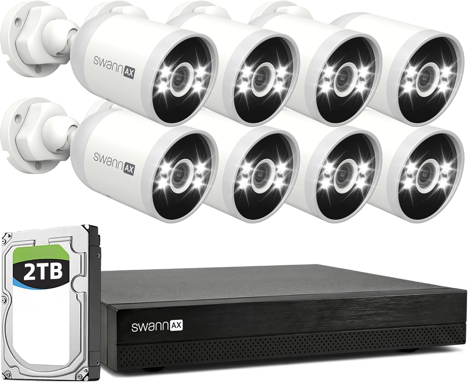 Swann AdvancedX Wired NVR 4K Security Camera System 16 CH, 8 PoE Outdoor Cameras, 2TB, Color Night Vision, Motion Detect
