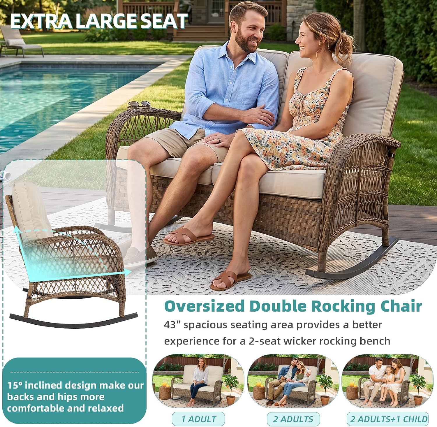 MEETWARM Wicker Patio Rocking Loveseat, Oversized Outdoor Double Rocking Chair with Cushions and High Back，All-Weather 2 Seat Sofa Bench Rocking Wicker Furniture for Garden Balcony Porch, Brown/Beige