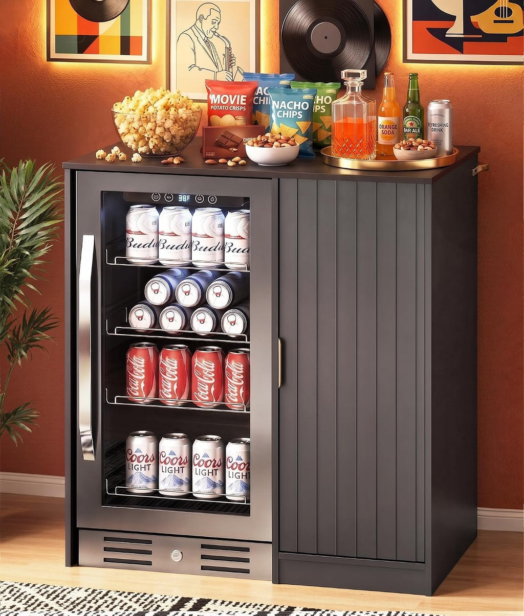 Lamtor Mini Fridge Cabinet with Storage - Snack Bar Cabinet with Power Outlet, Fluted Coffee Bar with Mini Fridge Space for Home Theater,Game Room,Living Room, Black