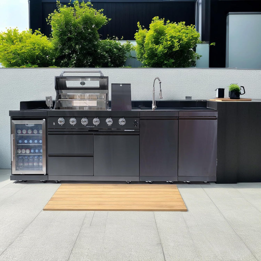 104' Natural Gas Outdoor Kitchen Island - 46-Inch 4-Burner 72,000 BTU Deluxe Stainless Steel Grill Wine Cooler Compact Refrigerator Rotisserie Granite Countertops Stainless steel Sink,Black