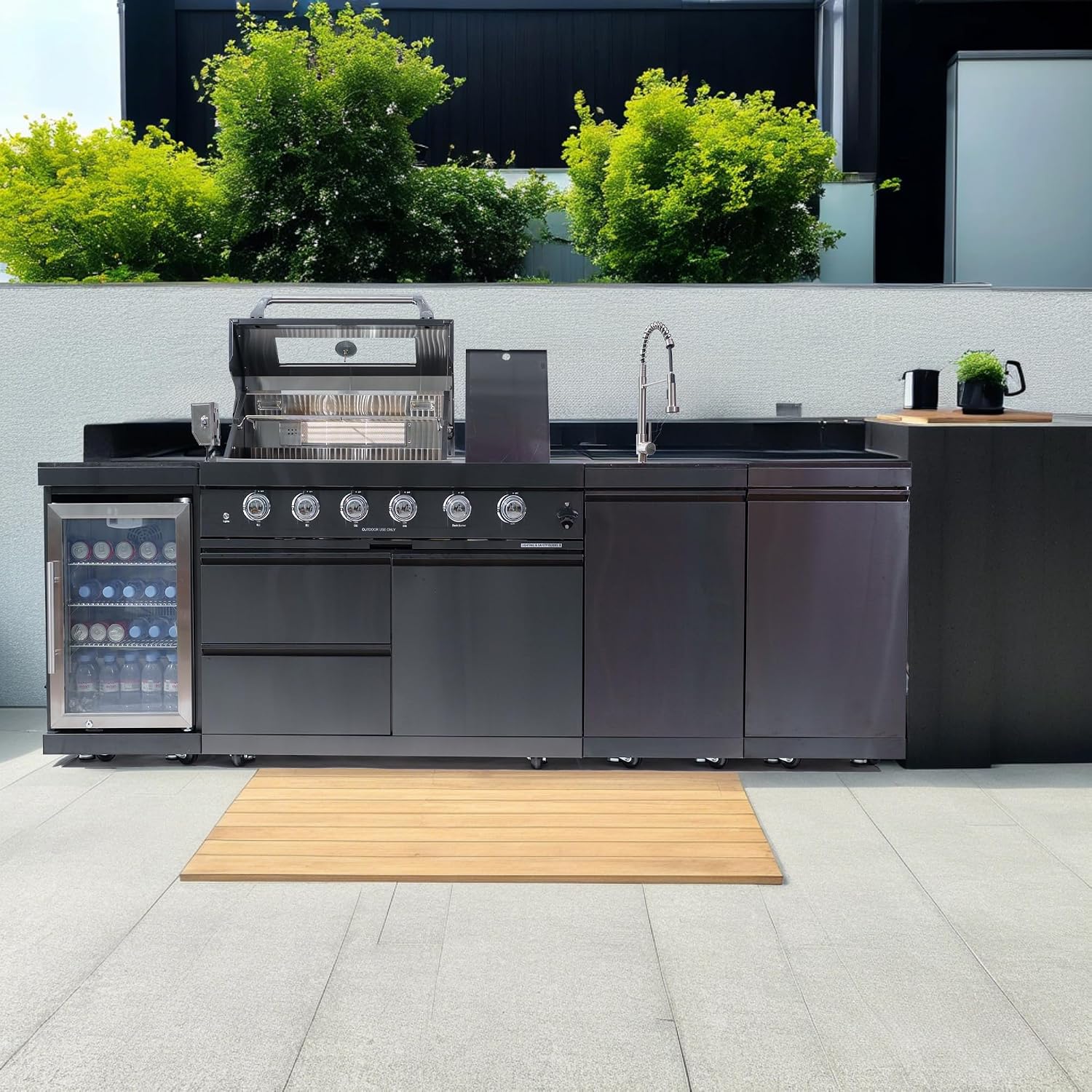 104' Natural Gas Outdoor Kitchen Island - 46-Inch 4-Burner 72,000 BTU Deluxe Stainless Steel Grill Wine Cooler Compact Refrigerator Rotisserie Granite Countertops Stainless steel Sink,Black