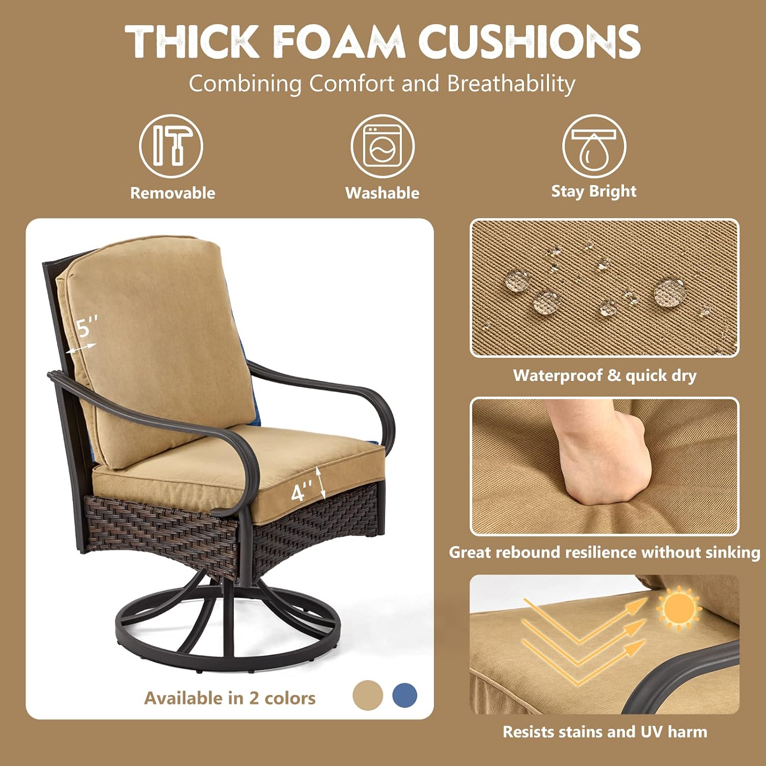 EROMMY Patio Swivel Chairs Set of 2, Outdoor Swivel Chairs with Cushion, Patio Dining Chairs for Garden, Patio, Backyard and Balcony, Khaki