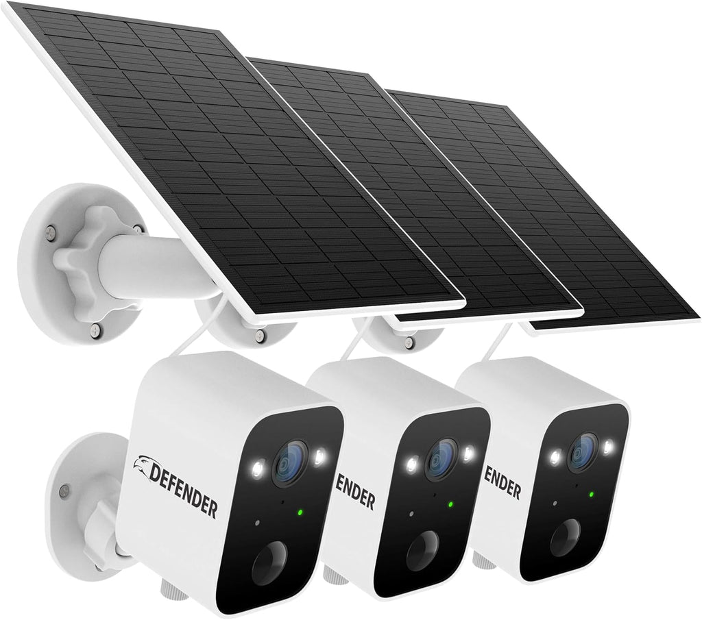 Defender Solar Powered 4K/8MP AI Everwatch Wireless Outdoor Security Camera, 3 Pack, Battery Powered, AI Tracking, Color Night Vision, Spotlight/Siren, IP66 Rated, Two-Way Talk, No Monthly Fees