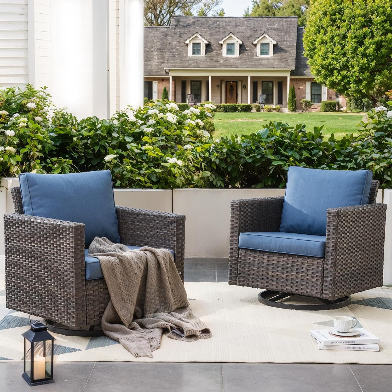 Patio Swivel Chairs,360 Degree Outdoor Swivel Glider Chair Set of 2 with High Back and Thickened Cushions for Deck Porch Garden Backyard-Brown/Blue