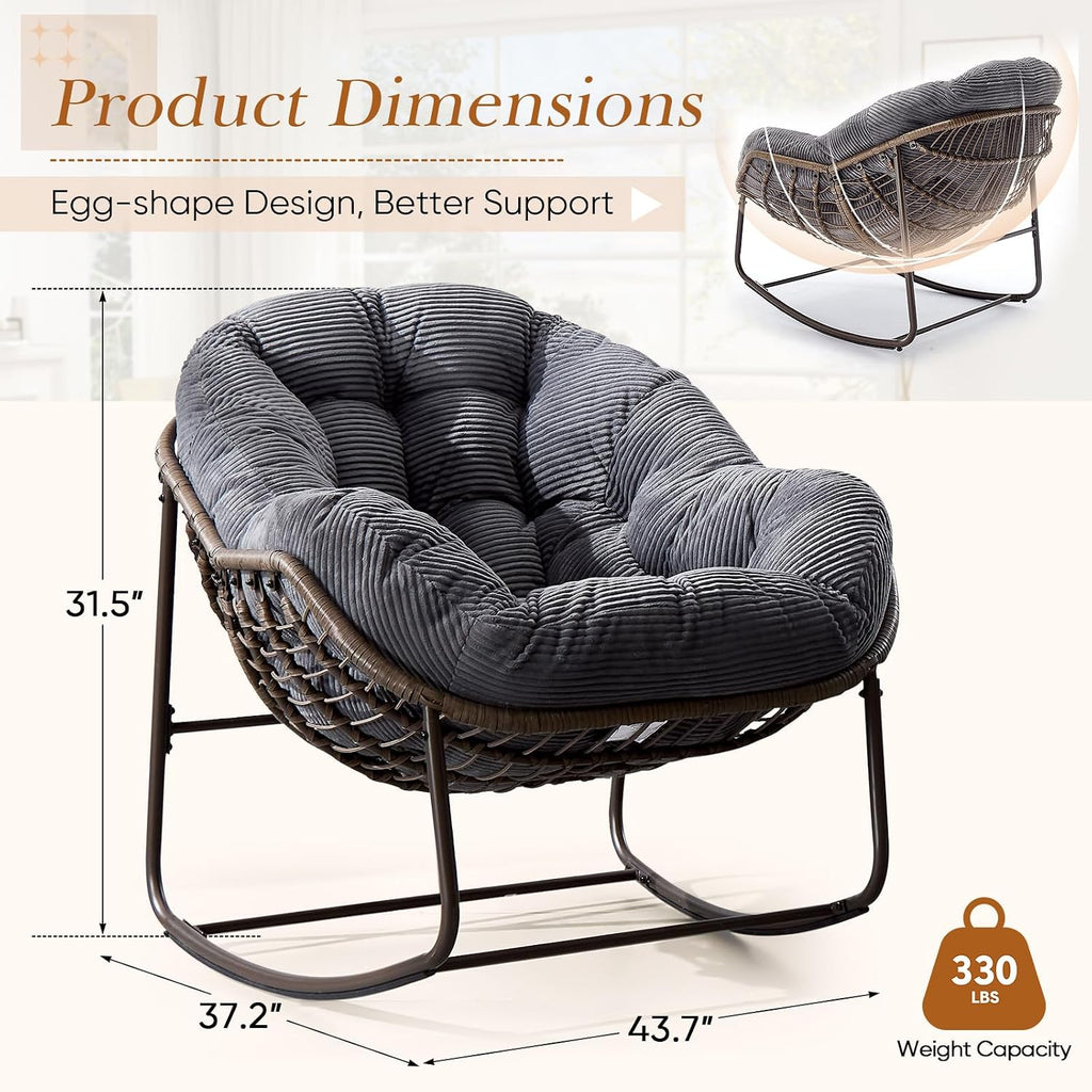 Outdoor Indoor Rocking Chair with Padded Cushion, Oversized Patio Papasan Rocking Egg Chair, All Weather Wicker Egg Rocking Chair, Comfy Large Rattan Rocker Lounge Chair for Front Porch,Garden, Patio