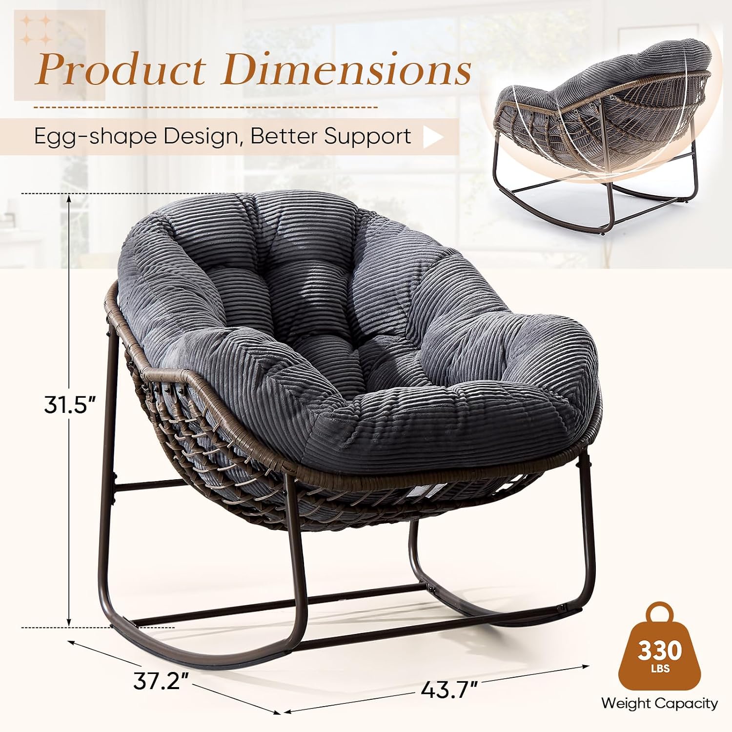 Outdoor Indoor Rocking Chair with Padded Cushion, Oversized Patio Papasan Rocking Egg Chair, All Weather Wicker Egg Rocking Chair, Comfy Large Rattan Rocker Lounge Chair for Front Porch,Garden, Patio