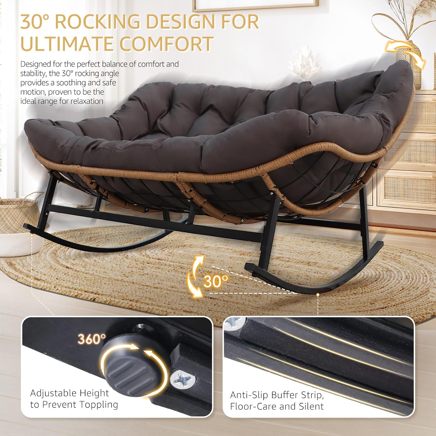 NICESOUL Double Papasan Rocking Chair Outdoor Indoor, XL Large Patio Padded Glider Lounge Chairs for 2, Comfortable Egg Rocker Loveseat with Cushion, Wide Big Recliner for Outside Balcony, Grey