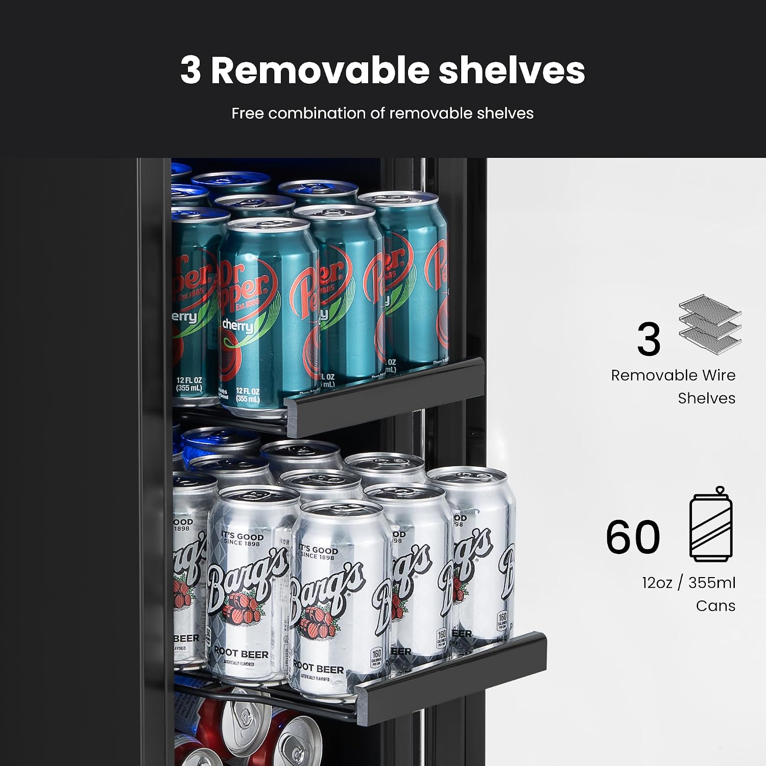 Yeego 12 Inch Beverage Refrigerator - 60 Cans Compact Beverage Cooler with Glass Door, Under Counter Drink Fridge Built-In or Freestanding for Soda, Beer & Wine, Office, Kitchen or Home Bar
