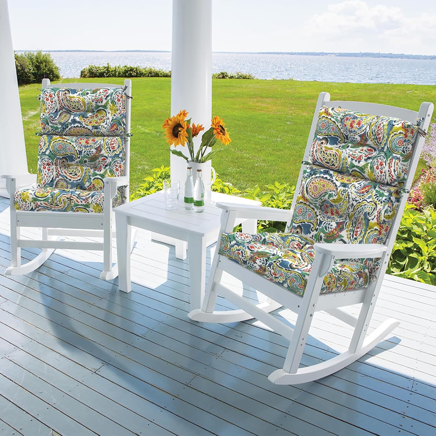 DYTXIII Outdoor High Back Chair Cushions Set of 2, Water Repellent Tufted Rocking Seat Cushions Replacement 44 x 22 Inch, Seat & Back Chair Pads for Patio, Balcony and Indoor Use -Paisley Paradise
