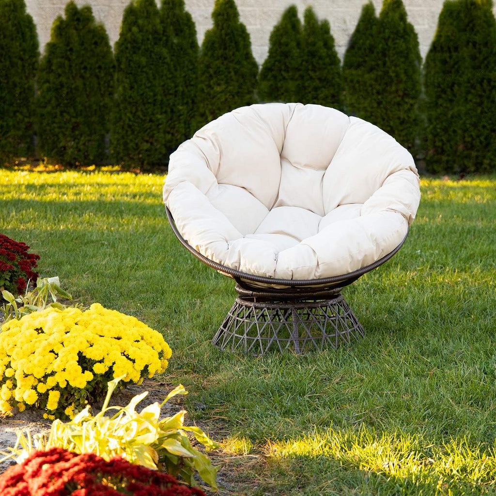 Milliard Wicker Papasan Chair with 360-degree Swivel, Beige Cushion and Brown Frame. Indoor and Outdoor Use