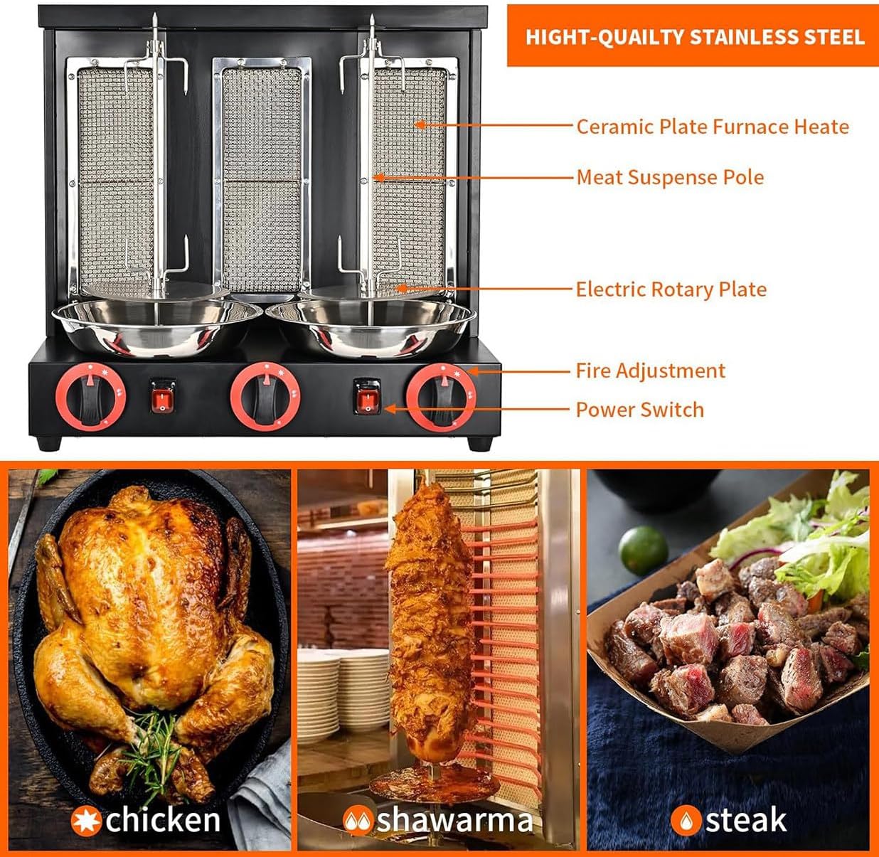 Electric Vertical Broiler Doner, Gas Doner Kebab Gyro Grill Machine, Automatic Spinning Smokeless Barbecue Grill for Restaurant Home Kitchen 50-300℃ Adjustable,Silver-L