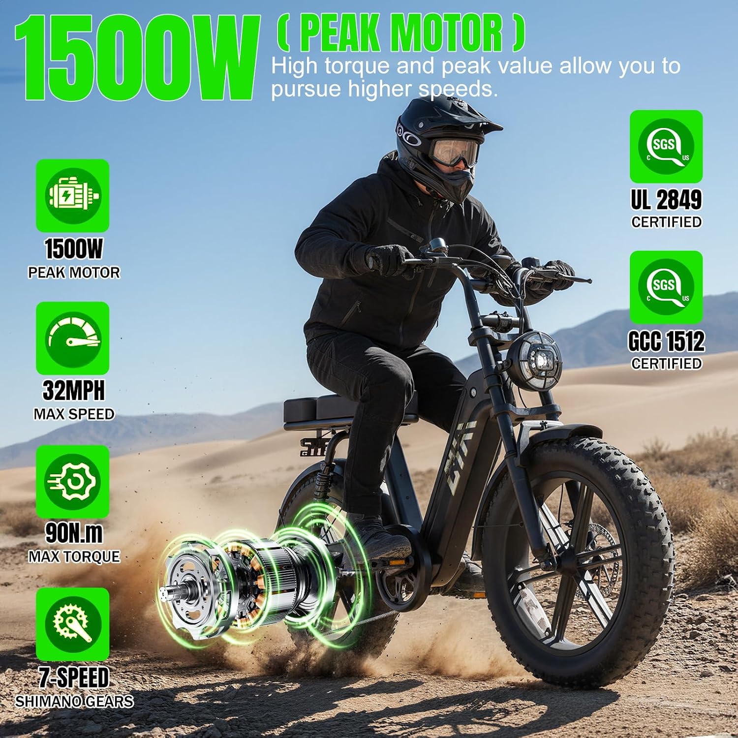 TST Electric Bike for Adults 1500W Peak 20' Fat Tire All-Terrain E-Bike 60 Miles Electric Dirt Bike for Road Sand Mountain Snow - 48V 15AH Battery Powered Electric Motorcycle for Adventure