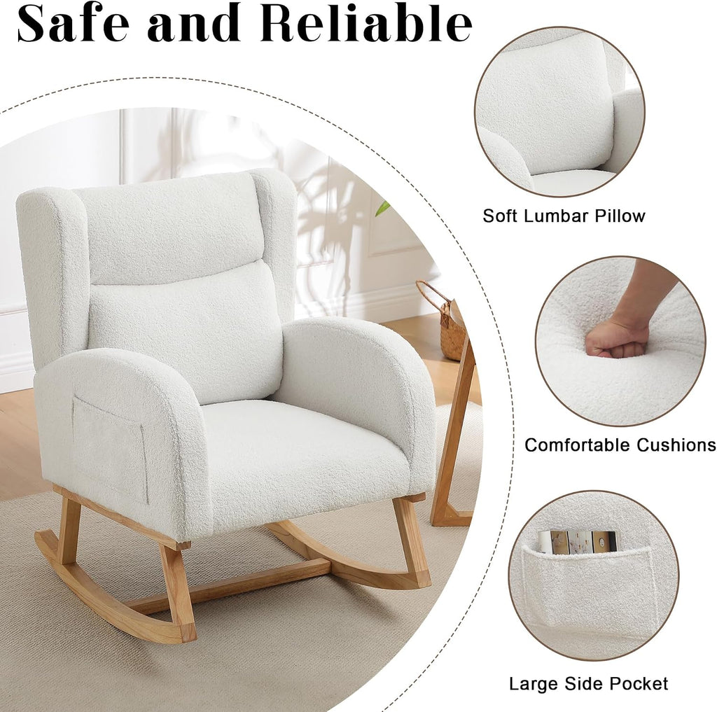 HCHAIRH Nursery Rocking Chair,Wingback Nursery Rocking Chairs,Nursing Glider Rocker Chair with High Back for Living Room Bedroom(Teddy White)