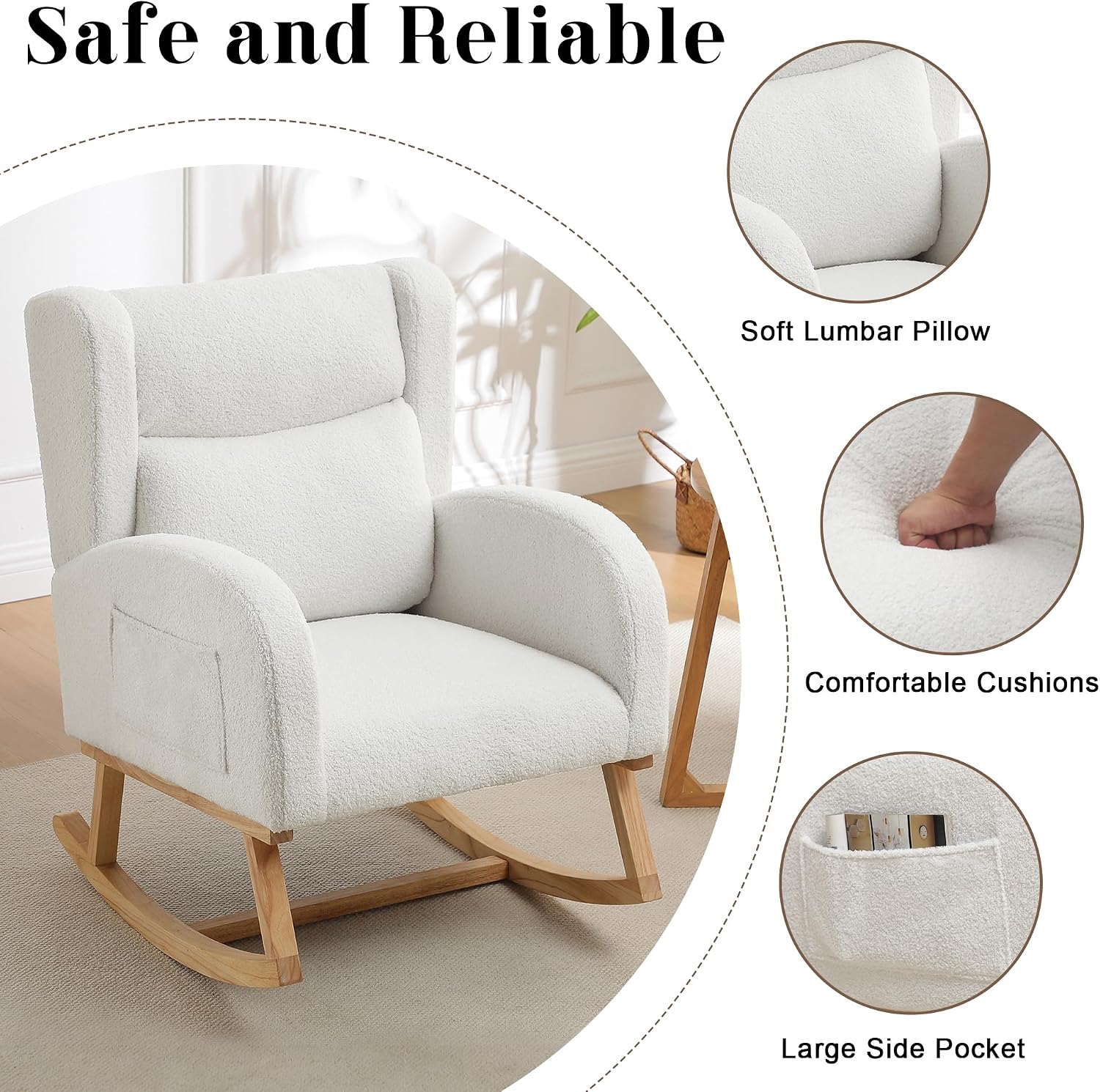 HCHAIRH Nursery Rocking Chair,Wingback Nursery Rocking Chairs,Nursing Glider Rocker Chair with High Back for Living Room Bedroom(Teddy White)
