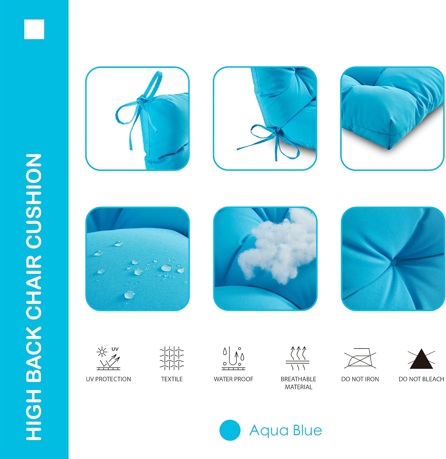 Outdoor Indoor High Back Chair Cushions Set of 4,Waterproof All-Weather Patio Adirondack Rocking Chair Cushions,Seat Back Chair Cushion for Outdoor Furniture with Ties,45x22 Inch, Aqua Blue