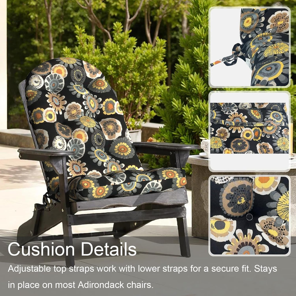 LVTXIII 2 Pack Outdoor Adirondack Chair Cushions, 44x19x4 Inch Water Repellent Patio Cushions for Rocking Chairs, Thick Tufted High Back Seat Cushion Set, Black Yellow Crosby