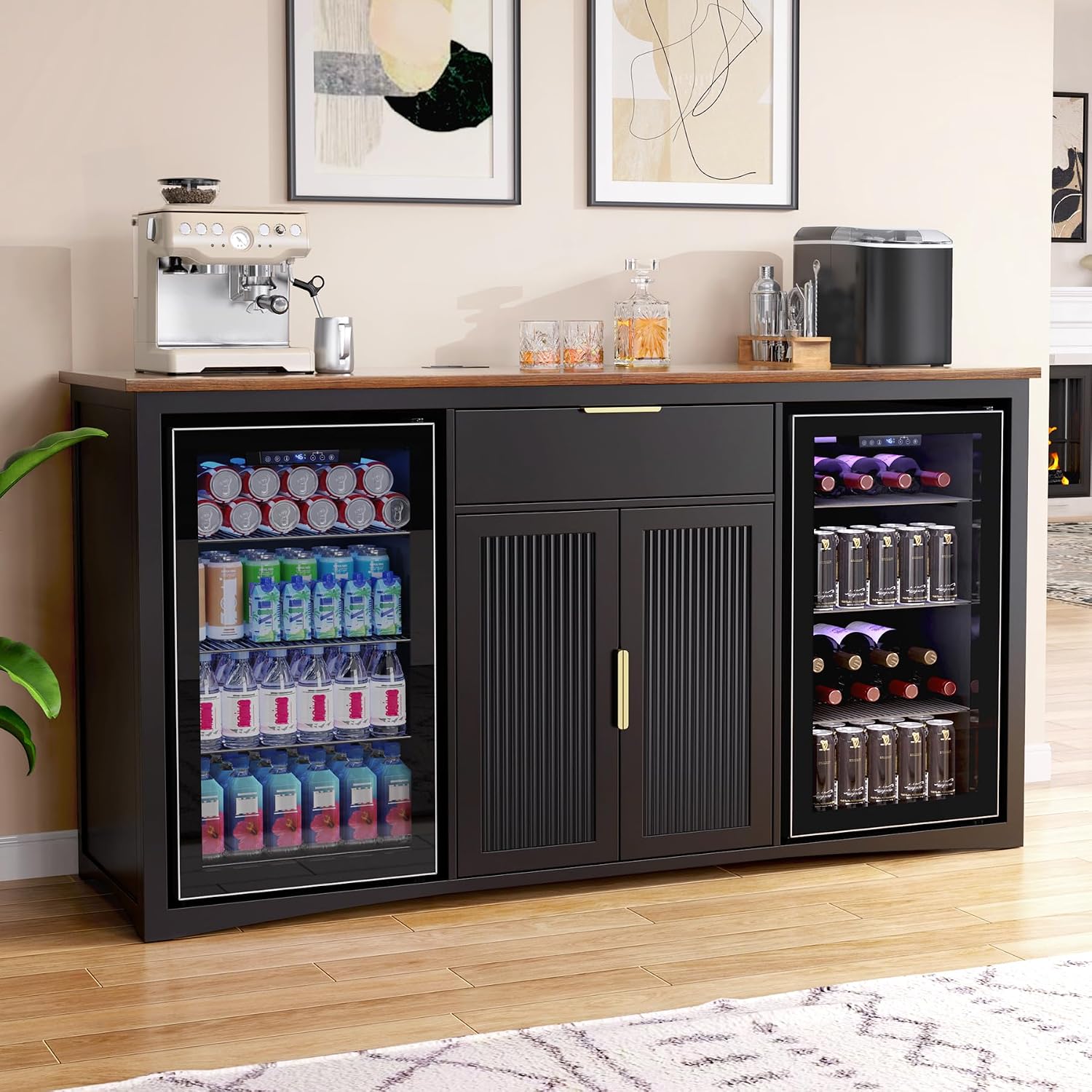 GDLF 70.1' Long Coffee Bar Cabinet with Fridge Space, Modern Wine Liquor Cabinet with Storage & Power Outlet, Buffet Sideboard with Fluted Doors for Home, Black
