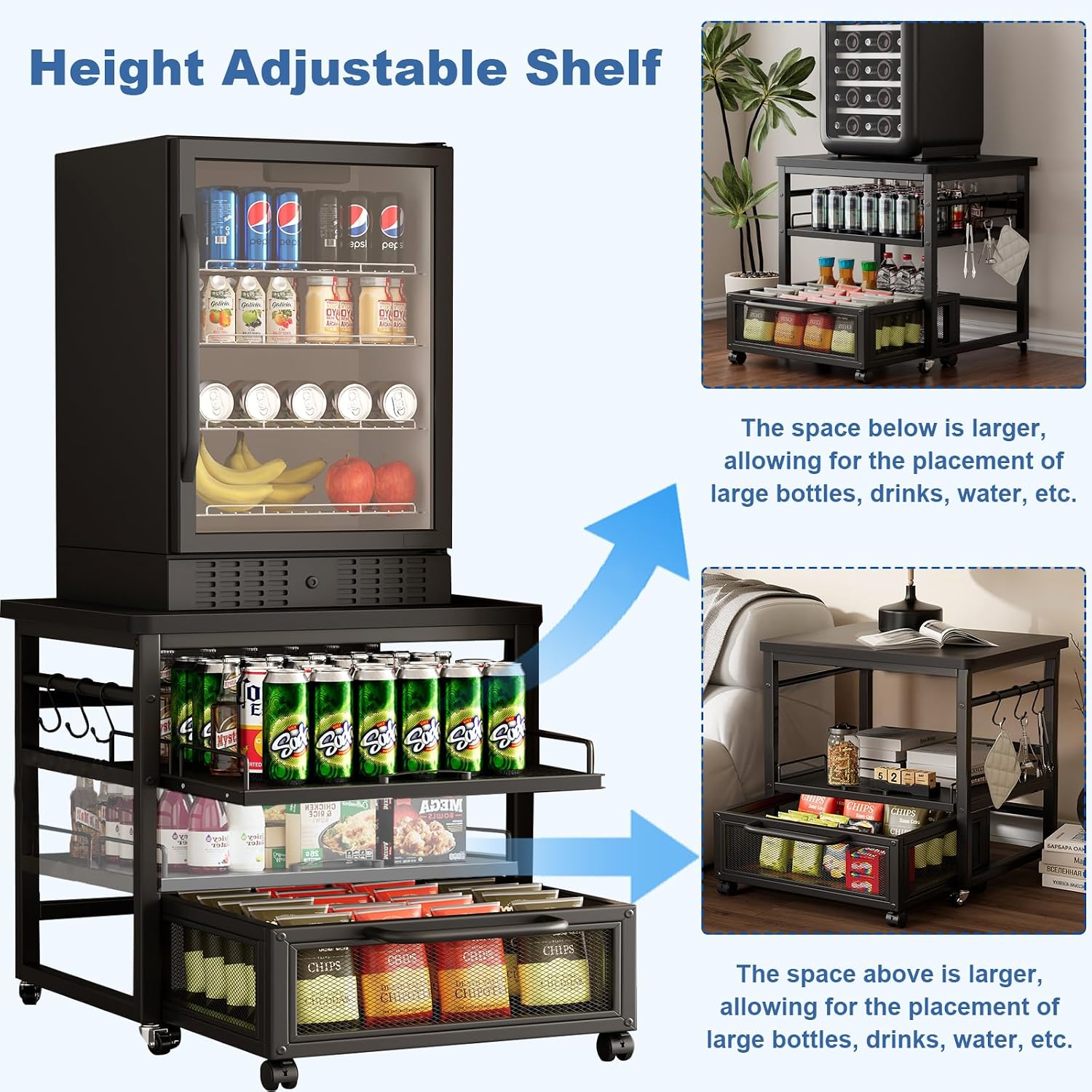 DDJ Mini Fridge Stand with Storage, 21 x 21 in Heavy Duty Mini Fridge Table with Pull-out Shelf and Lockable Wheels, Compact Refrigerator Stand with Drawer Basket for Home Office, Black