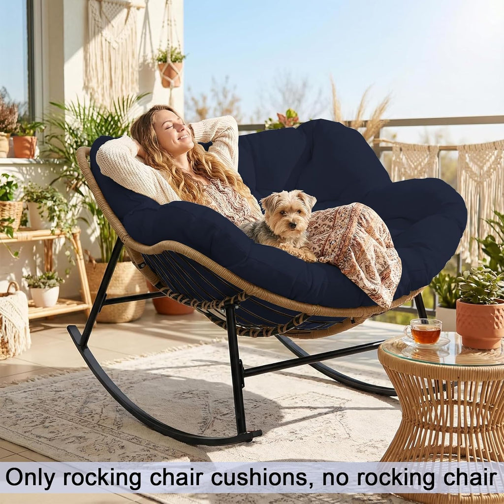 Thickened Waterproof Papasan Rocking Chair Cushion, 6.3'' Patio Egg Chair Pad with Ties, Outdoor/Indoor Rattan Hammock Cushions for Porch, Garden, Balcony(Only Cushion no Chair) (Navy Blue)