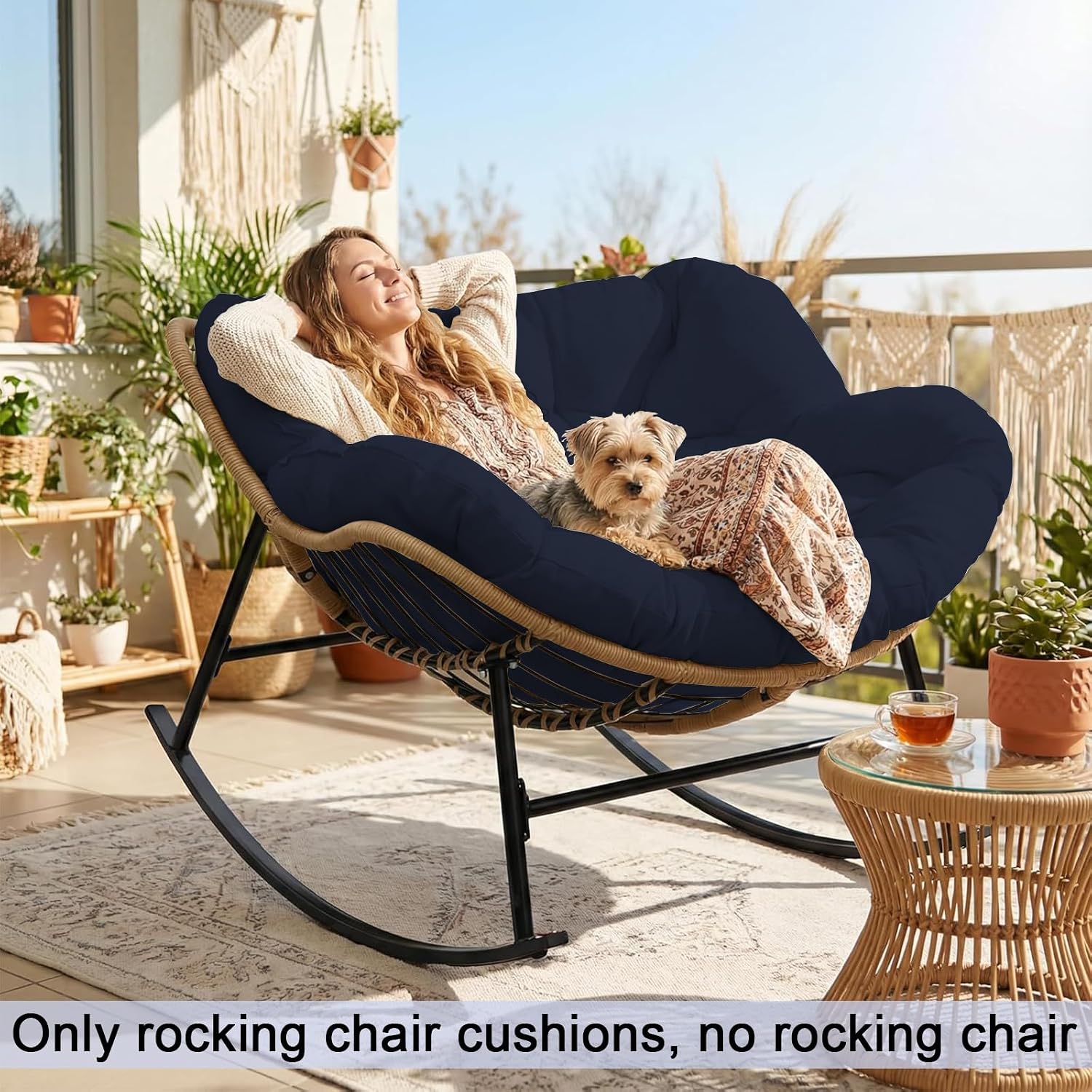 Thickened Waterproof Papasan Rocking Chair Cushion, 6.3'' Patio Egg Chair Pad with Ties, Outdoor/Indoor Rattan Hammock Cushions for Porch, Garden, Balcony(Only Cushion no Chair) (Navy Blue)