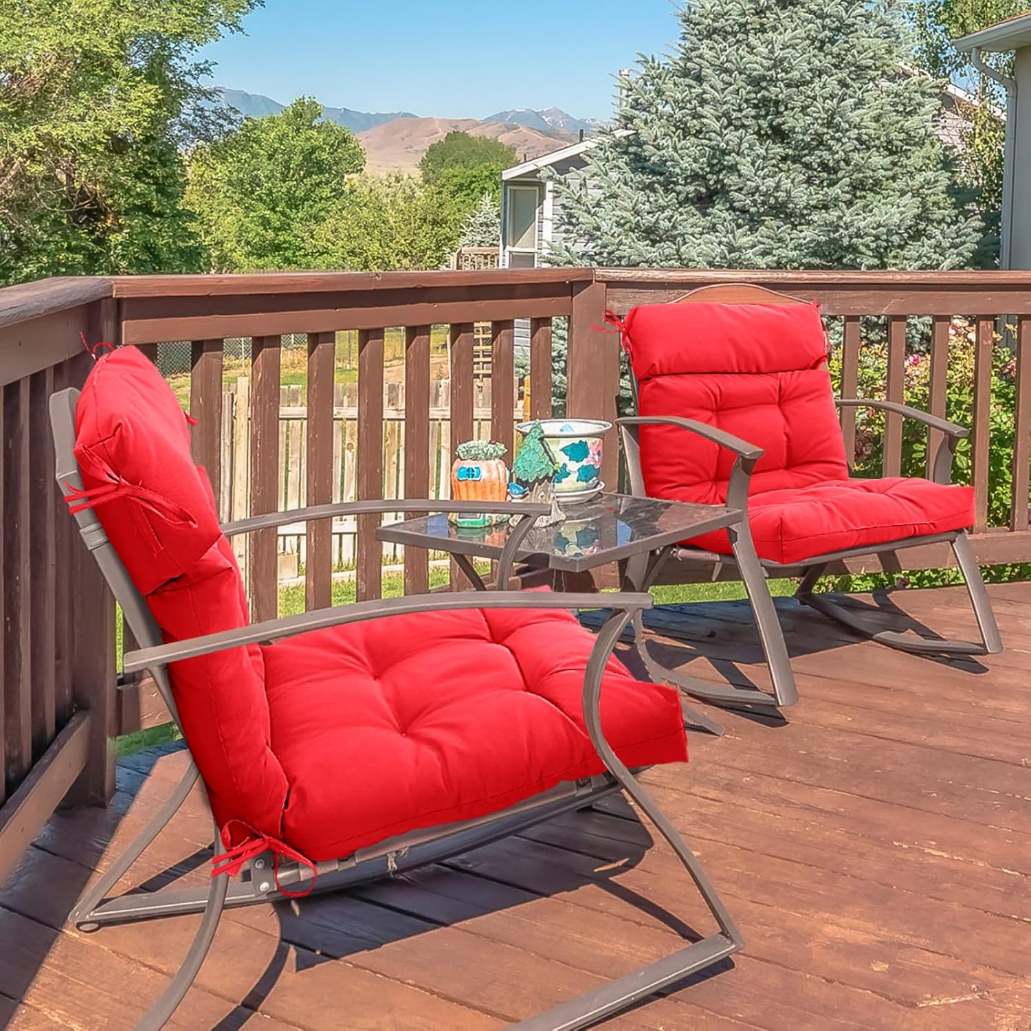 Barydat 4 Pack High Back Chair Cushion Indoor Outdoor Tufted Seat and Back Chair Rocking Pads Lounge Porch Seat Cushion with Ties for Patio Furniture, 43.4 x 21 x 3.3 Inch (Red)