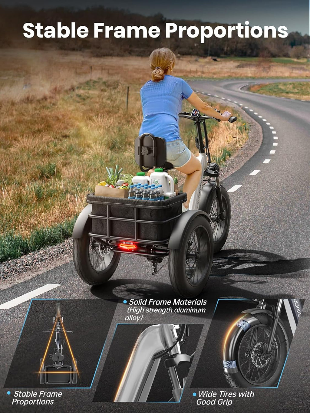 PUCKIPUPPY Electric Trike for Adult with 960W Peak Motor, 60 Miles Range Pickup Class Tricycle, 500 Lbs Load Electric Trike with Rear Differential and 20' Fat Tires, 48V 17.4AH Cell Battery, Husky