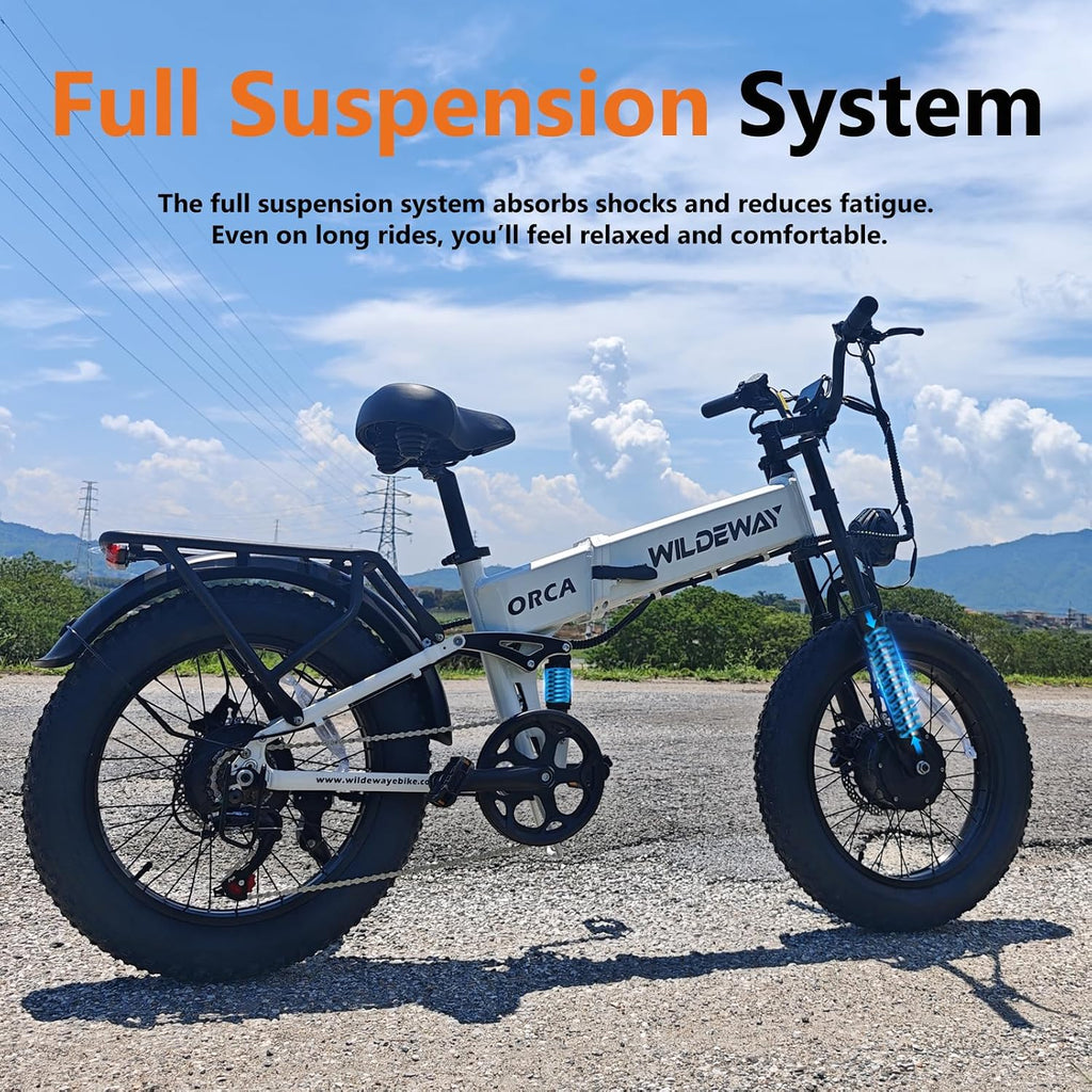 Wildeway Dual Motor 20' Fat Tire Electric Bike 2300W 20Ah Removable Battery 28 MPH Folding Ebike Off Road Mountain Full Suspension Long Range Foldable Electric Bicycle for Adults Men 2 Seat