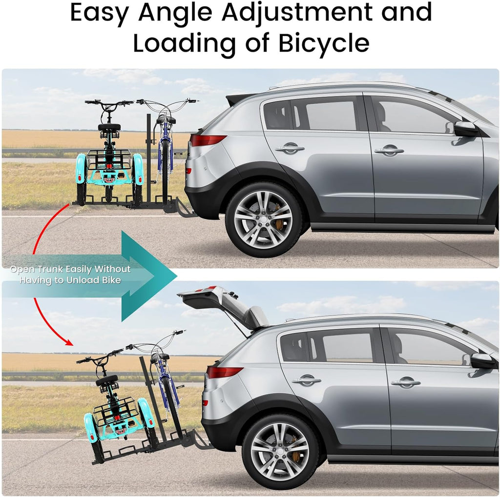 MOPHOTO Heavy-Duty Folding Trike Rack for Adult Tricycles Bicycles, Bike Hitch Mount Rack, 270 lbs Load, Fits 5' Fat Tires, 43'–59' Wheelbase, Rear Carrier with 2' Receiver for Cars, Trucks, SUVs, RVs