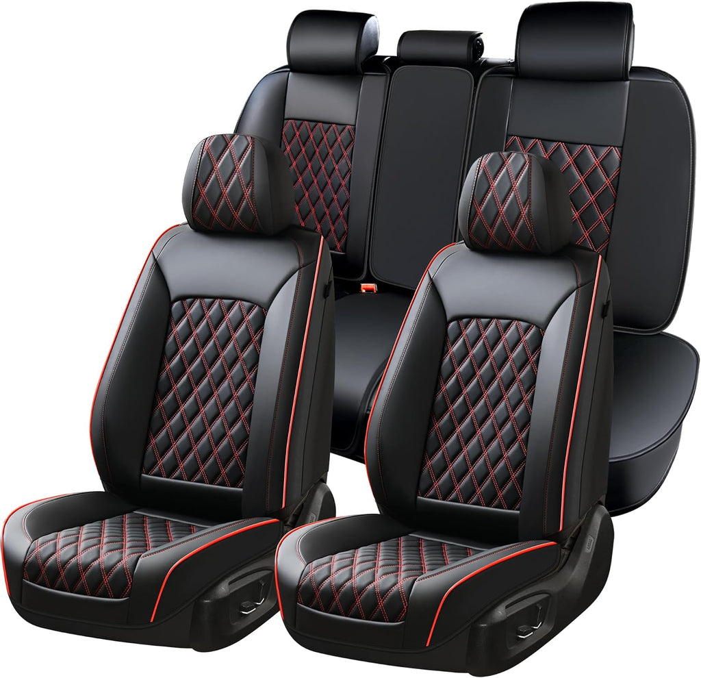Huidasource Seat Covers, Nappa Leather Car Seat Covers, Velcro Adjustable, Compatible with Airbags, Child Seat, Seat Belts, Fit for Most Cars, Vans, Trucks, SUVs (Full Set/Black&Red)