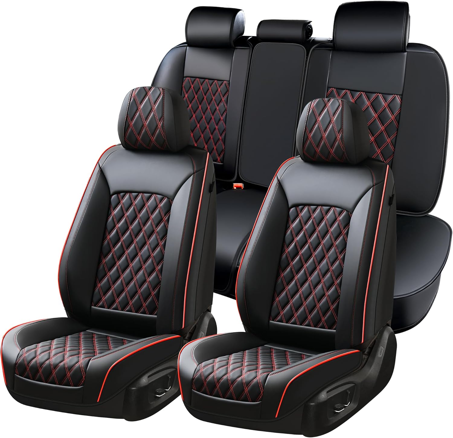 Huidasource Seat Covers, Nappa Leather Car Seat Covers, Velcro Adjustable, Compatible with Airbags, Child Seat, Seat Belts, Fit for Most Cars, Vans, Trucks, SUVs (Full Set/Black&Red)