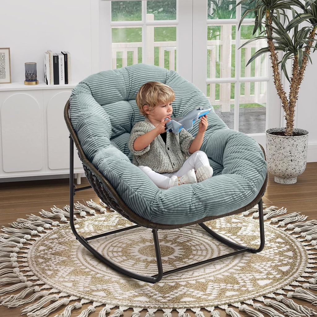 Oversized Indoor/Outdoor Corduroy Rocking Papasan Chair, Modern Egg-Shaped Design with Thick Memory Foam Cushion, Green
